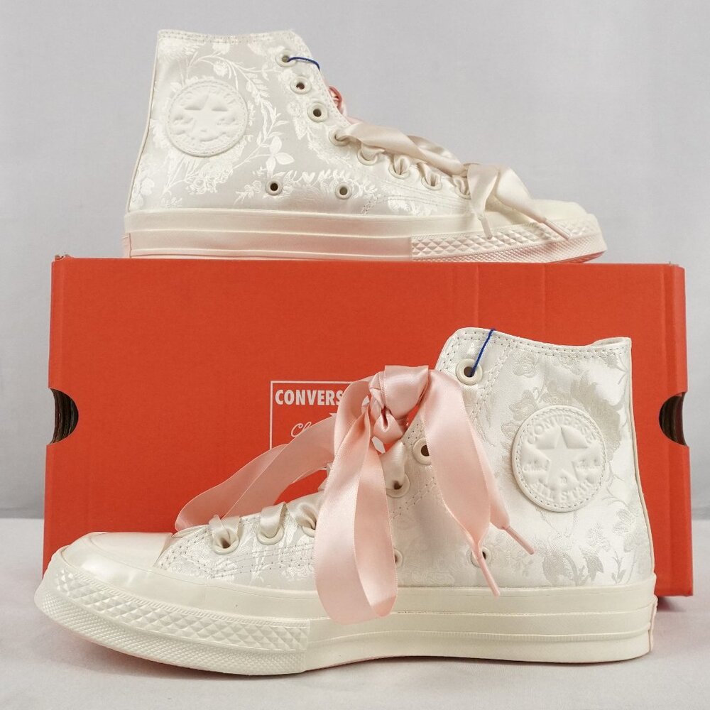 Converse White/Ivory High Top Sneakers with Pink Satin Laces